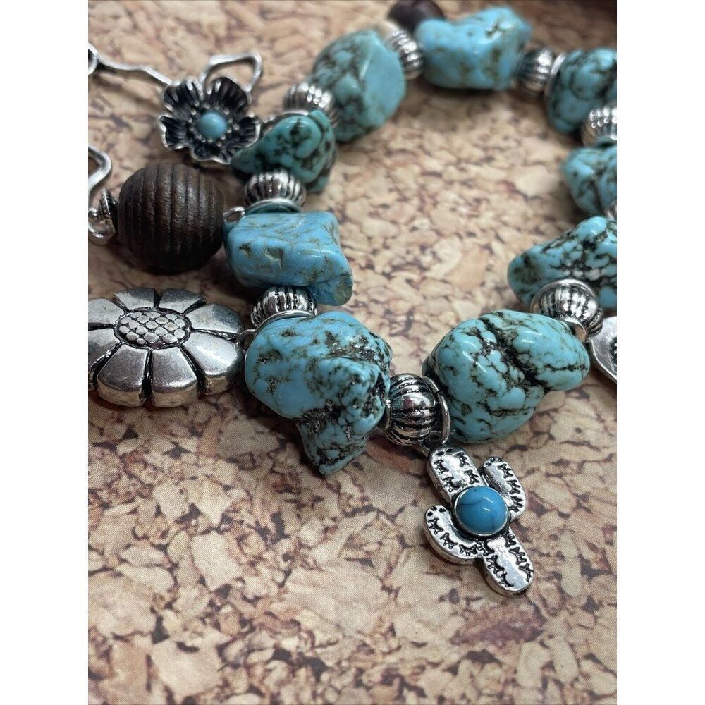 Turquoise Nugget Stretch Bracelet Feather Cactus Cow Western Bead Wood Flower - Picture 5 of 15